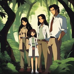 A dark jungle adventure scene featuring three characters