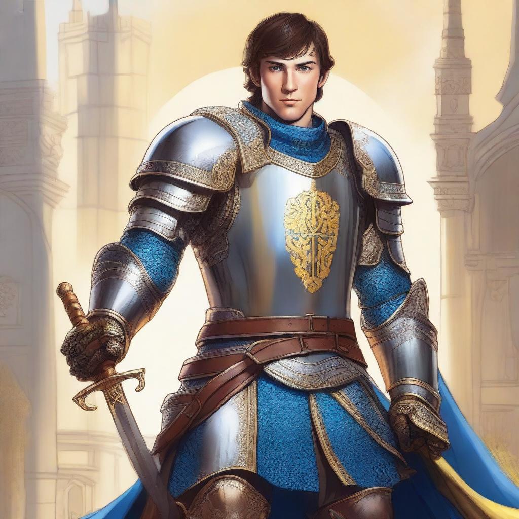 A detailed illustration of F1 driver George Russell depicted as a knight