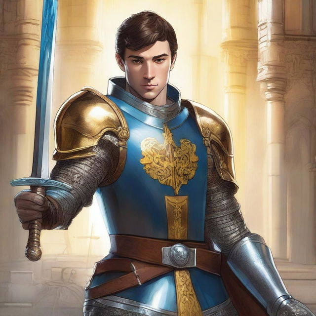 A detailed illustration of F1 driver George Russell depicted as a knight