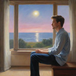 A realistic painting of a man yearning for his long-distance lover, imbued with a dreamy atmosphere and filled with hope