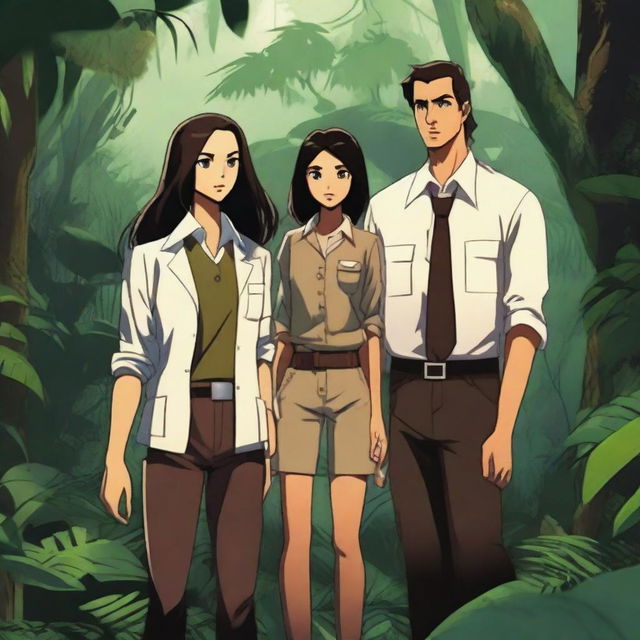 A dark jungle adventure scene featuring three characters