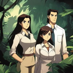 A dark jungle adventure scene featuring three characters