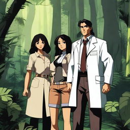 A dark jungle adventure scene featuring three characters