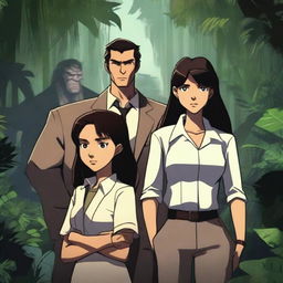 A dark jungle adventure scene featuring three characters