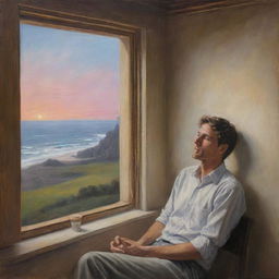 A realistic painting of a man yearning for his long-distance lover, imbued with a dreamy atmosphere and filled with hope