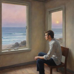 A realistic painting of a man yearning for his long-distance lover, imbued with a dreamy atmosphere and filled with hope