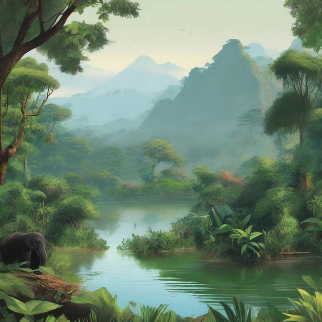 A scenic illustration of the Cuyabeno region, showcasing its lush rainforests, winding rivers, and diverse wildlife