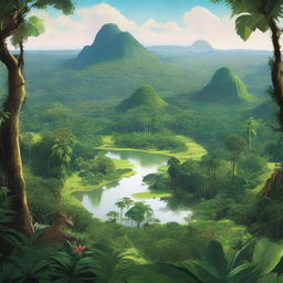 A scenic illustration of the Cuyabeno region, showcasing its lush rainforests, winding rivers, and diverse wildlife