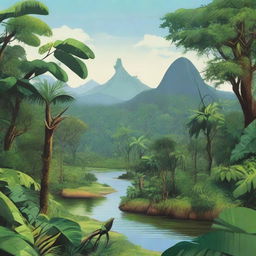 A scenic illustration of the Cuyabeno region, showcasing its lush rainforests, winding rivers, and diverse wildlife