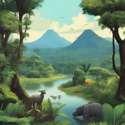 A scenic illustration of the Cuyabeno region, showcasing its lush rainforests, winding rivers, and diverse wildlife