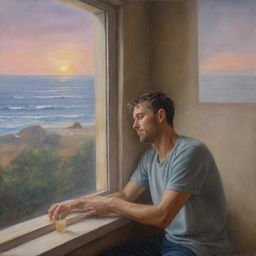 A realistic painting of a man yearning for his long-distance lover, imbued with a dreamy atmosphere and filled with hope