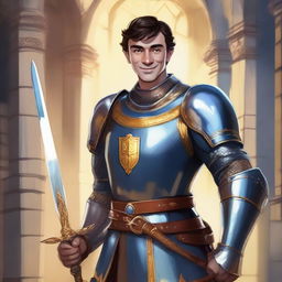 A detailed illustration of F1 driver George Russell smiling as a knight