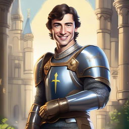 A detailed illustration of F1 driver George Russell smiling as a knight