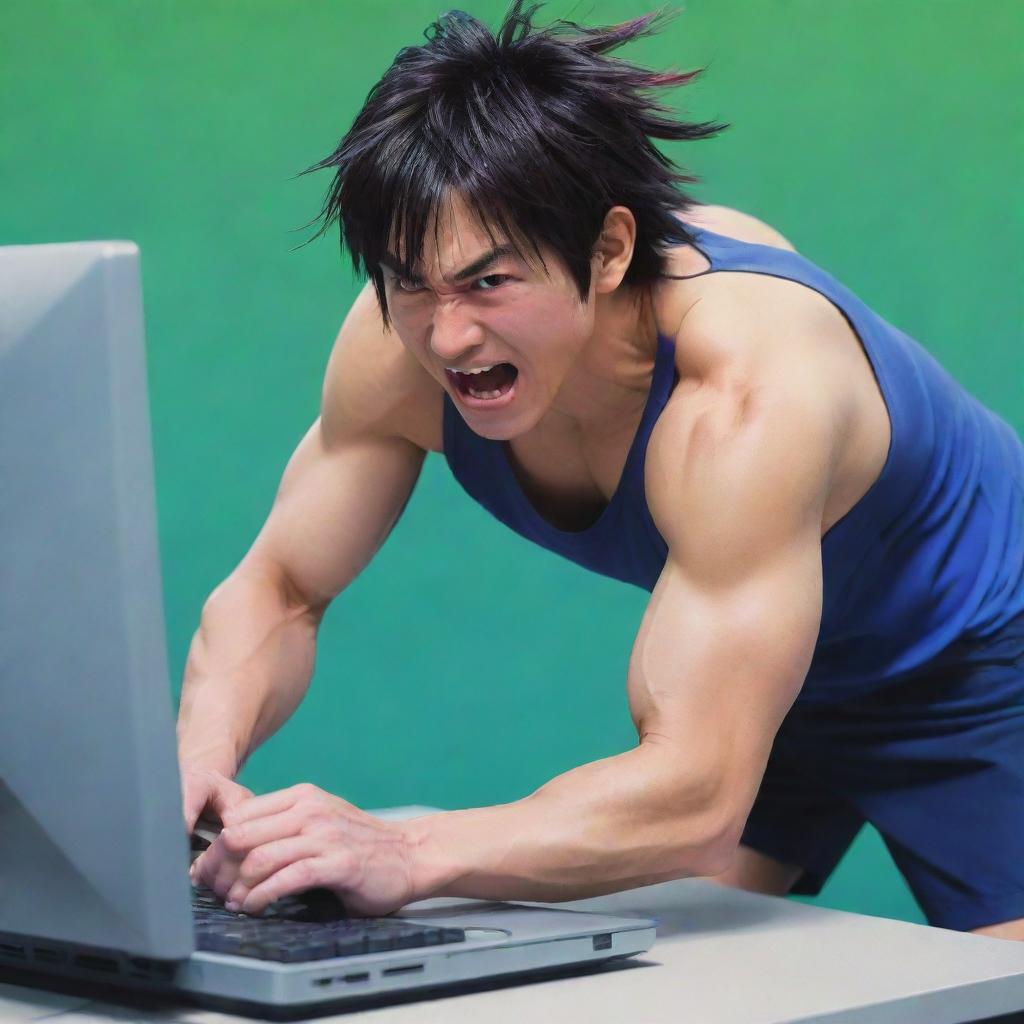 A vibrant Japanese anime-style image depicting a man intensely wrestling a computer in a spirited competition.