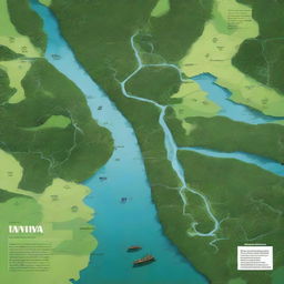 An illustration combining the concept of territorial planning with the natural beauty of the Cuyabeno region and the Amazon landscape