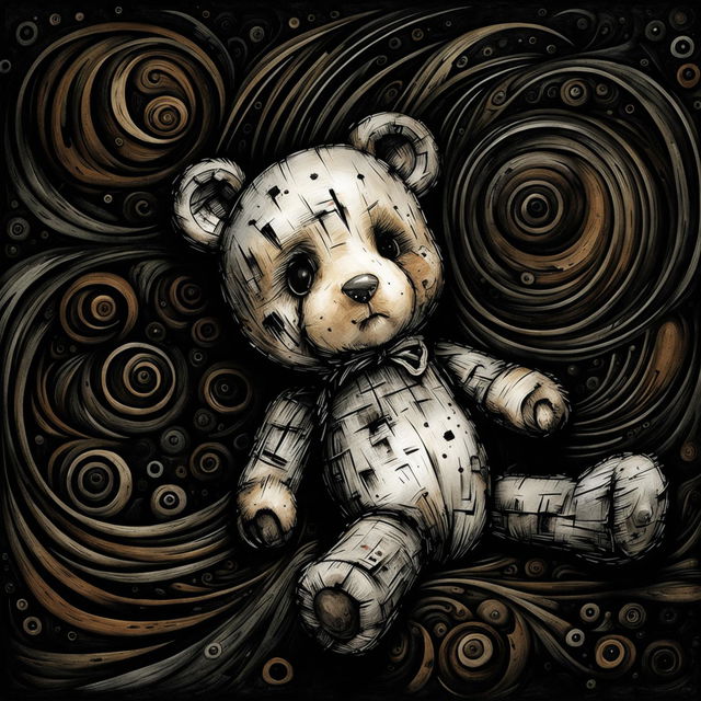 An abstract illustration of a sad, furry tiny brown teddy bear with a ripped ear, missing eye, patchy fur, and undone stitching, laying down against a dark abstract background in black, white, and brown