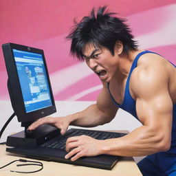 A vibrant Japanese anime-style image depicting a man intensely wrestling a computer in a spirited competition.