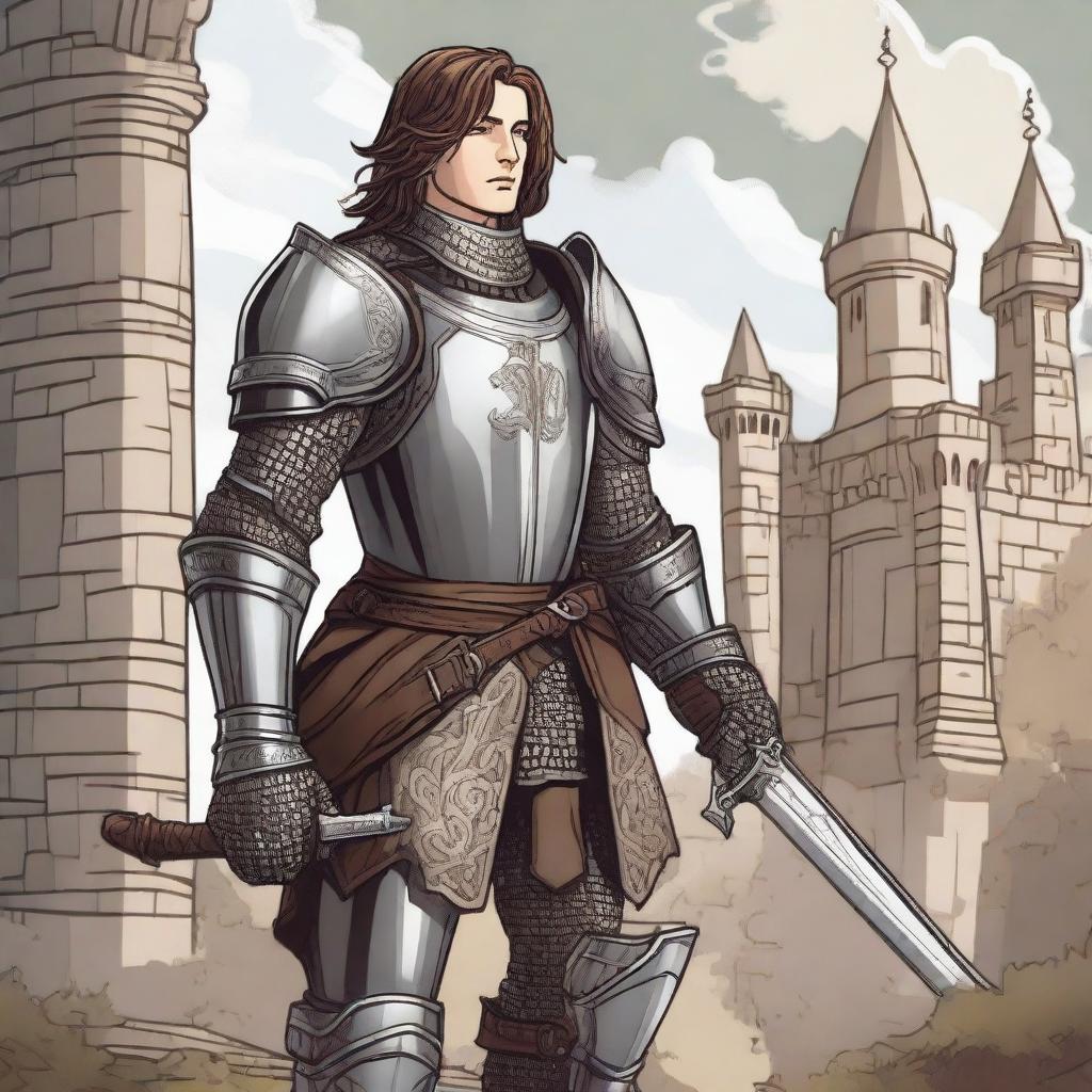 A detailed illustration of a knight with brown hair