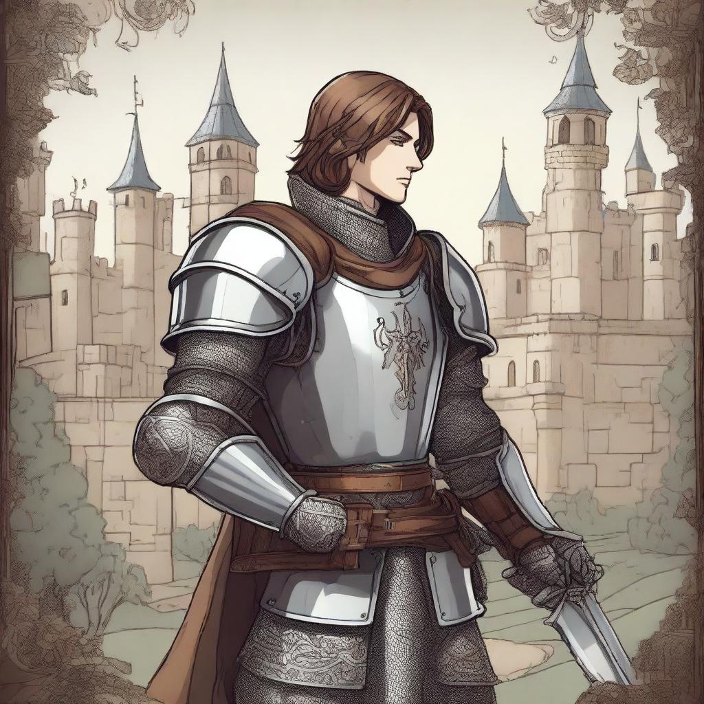 A detailed illustration of a knight with brown hair