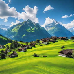 A picturesque hill station in Switzerland, featuring lush green hills, quaint cottages, and a clear blue sky with thick white clouds