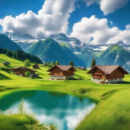 A picturesque hill station in Switzerland, featuring lush green hills, quaint cottages, and a clear blue sky with thick white clouds