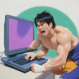 A vibrant Japanese anime-style image depicting a man intensely wrestling a computer in a spirited competition.