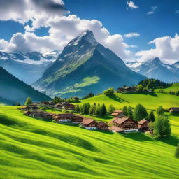 A picturesque hill station in Switzerland, featuring lush green hills, quaint cottages, and a clear blue sky with thick white clouds