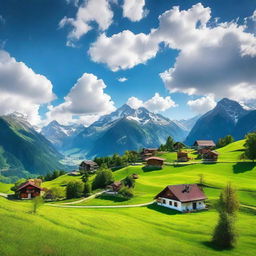 A picturesque hill station in Switzerland, featuring lush green hills, quaint cottages, and a clear blue sky with thick white clouds