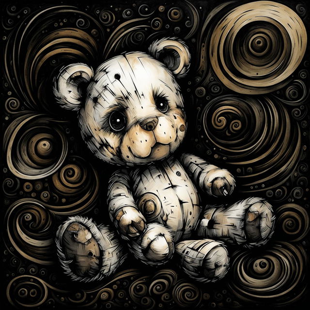 An abstract illustration of a sad, furry tiny brown teddy bear with a ripped ear, missing eye, patchy fur, and undone stitching, lying down against a dark abstract background in black, white, and brown