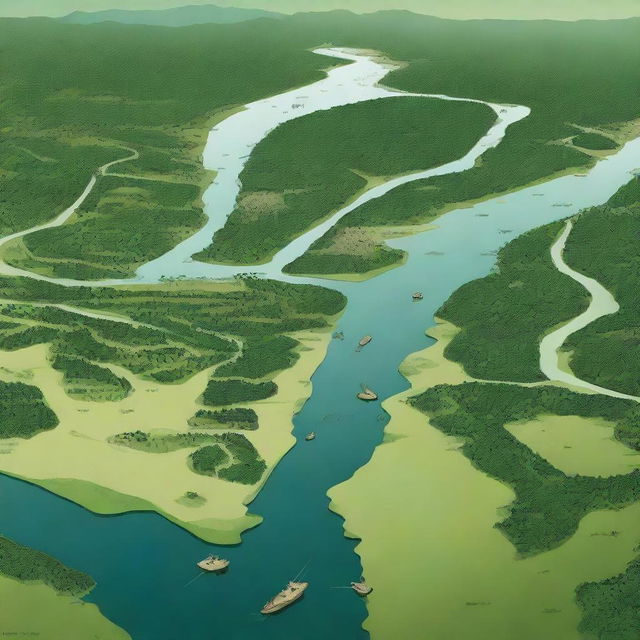 An illustration combining the concept of territorial planning with the natural beauty of the Cuyabeno region and the Amazon landscape