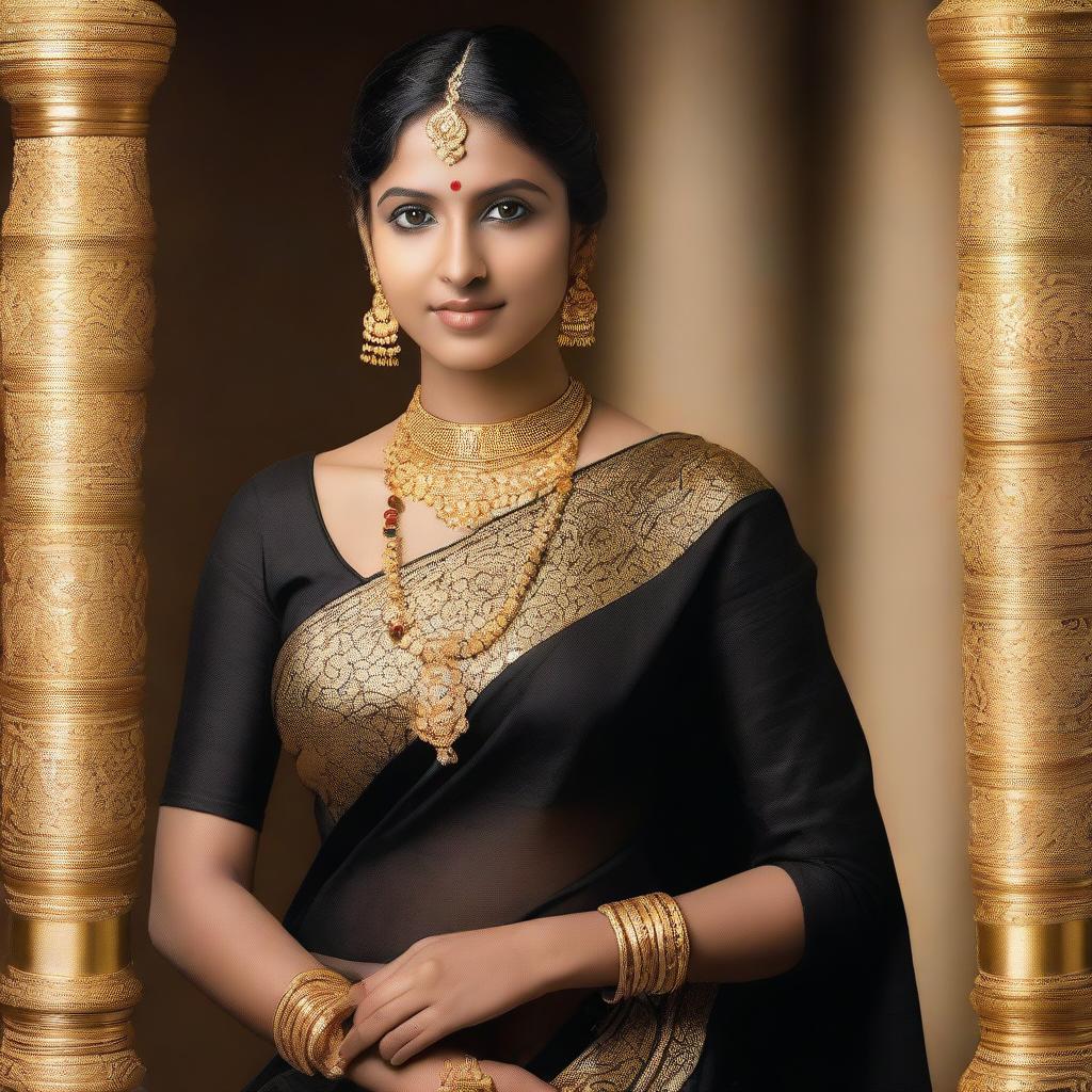 A South Indian girl wearing a traditional black saree, standing gracefully