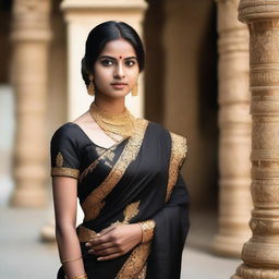 A South Indian girl wearing a traditional black saree, standing gracefully