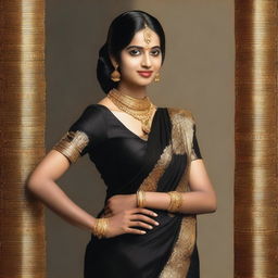 A South Indian girl wearing a traditional black saree, standing gracefully