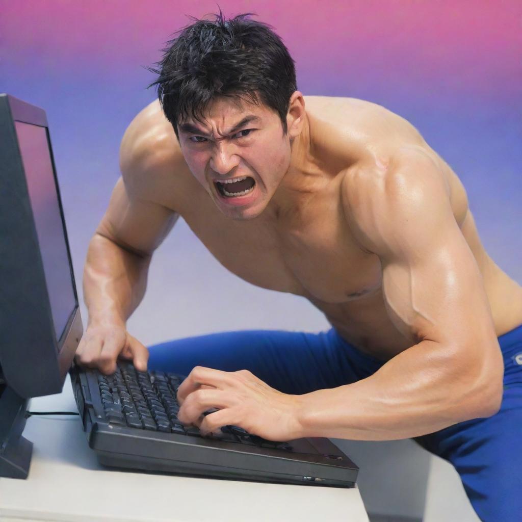 A vibrant Japanese anime-style image depicting a man intensely wrestling a computer in a spirited competition.