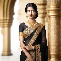 A South Indian girl wearing a traditional black saree, standing gracefully