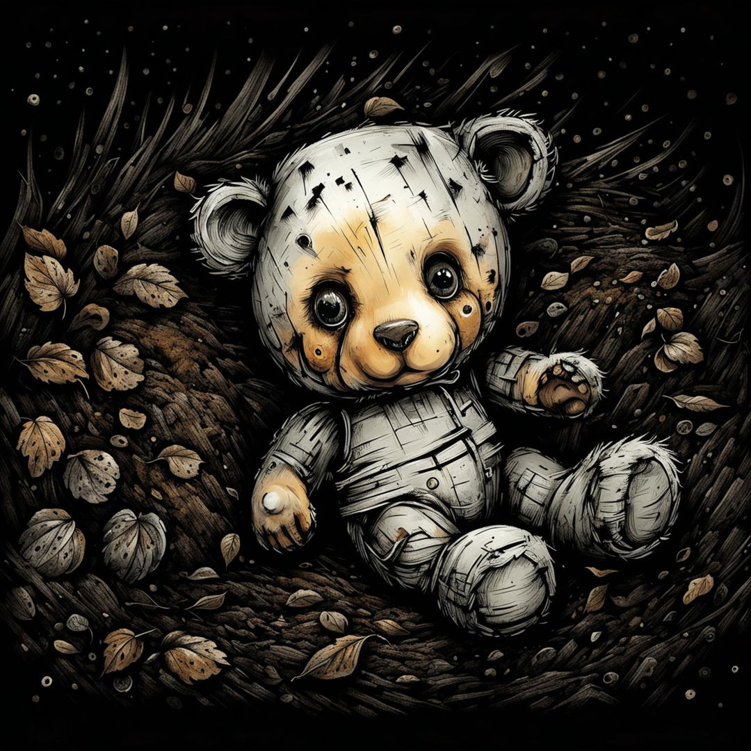 An abstract illustration of a sad, furry tiny brown teddy bear with a ripped ear, missing eye, patchy fur, and undone stitching, laying on dirty ground with a background of fallen leaves in black, white, and brown