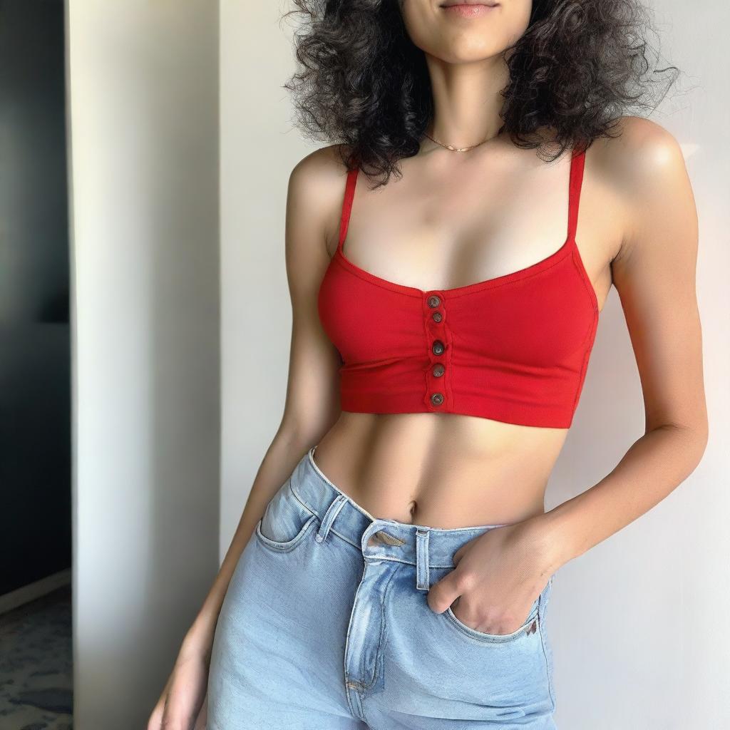 A woman wearing a red spaghetti strap low neck crop top that looks like a bra, with a translucent white shirt that buttons from her cleavage to her navel, and low rise jeans accentuating her hipbones