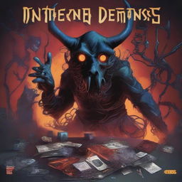 Create a dark-themed cover art for a board game titled 'Internet Demons