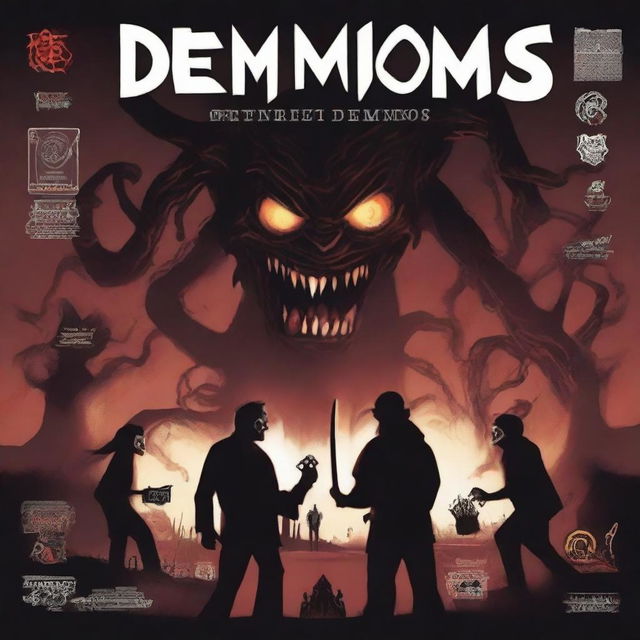 Create a dark-themed cover art for a board game titled 'Internet Demons