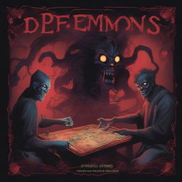 Create a dark-themed cover art for a board game titled 'Internet Demons