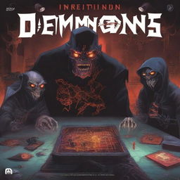 Create a dark-themed cover art for a board game titled 'Internet Demons