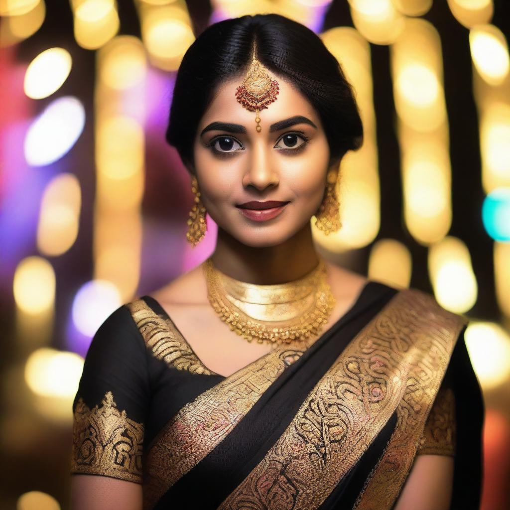 A South Indian girl wearing a traditional black saree with intricate gold embroidery, standing gracefully in front of colorful lights