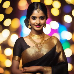 A South Indian girl wearing a traditional black saree with intricate gold embroidery, standing gracefully in front of colorful lights