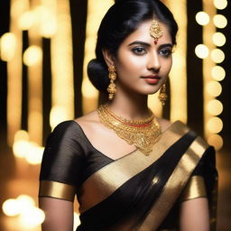 A South Indian girl wearing a traditional black saree with intricate gold embroidery, standing gracefully in front of colorful lights