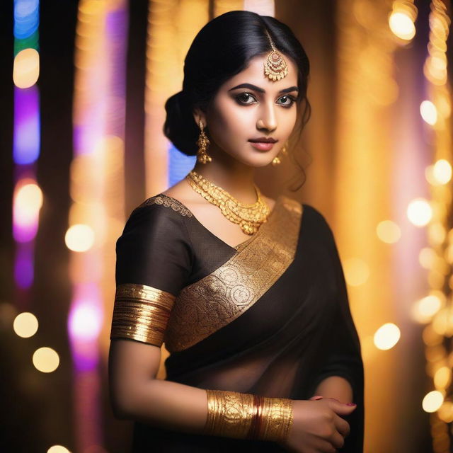 A South Indian girl wearing a traditional black saree with intricate gold embroidery, standing gracefully in front of colorful lights