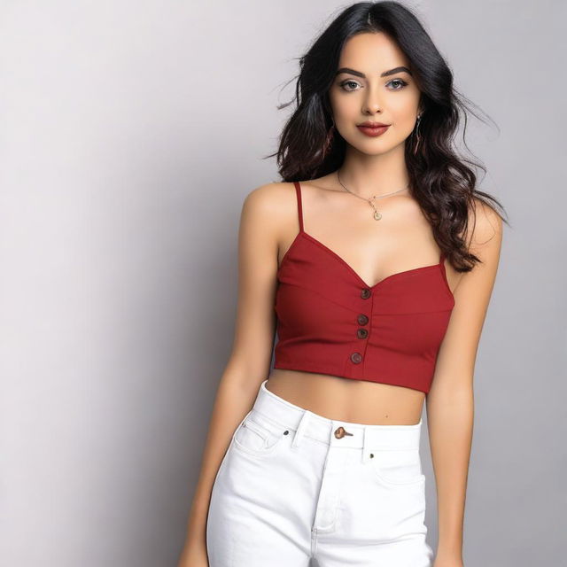 A woman wearing a red spaghetti strap low neck crop top layered with a translucent white shirt