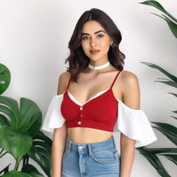 A woman wearing a red spaghetti strap low neck crop top layered with a translucent white shirt