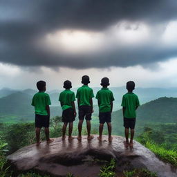 A group of 7 boys standing on top of a hill mountain during the monsoon season