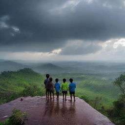 A group of 7 boys standing on top of a hill mountain during the monsoon season