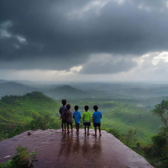 A group of 7 boys standing on top of a hill mountain during the monsoon season